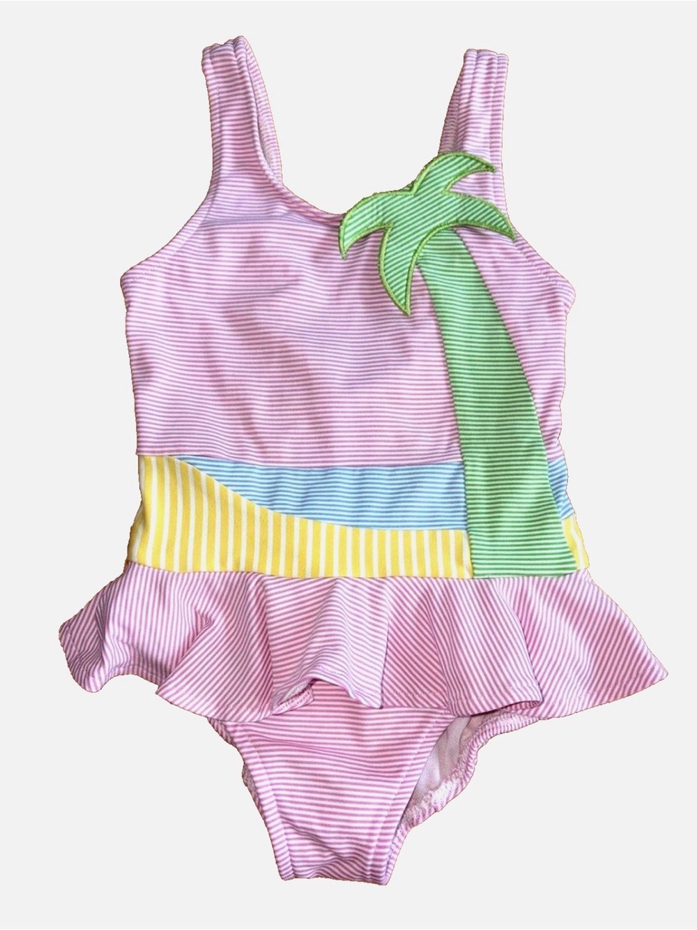 Florence Eiseman Girls 4 Palm Tree One Piece Swimsuit Pink Stripe Ruffle